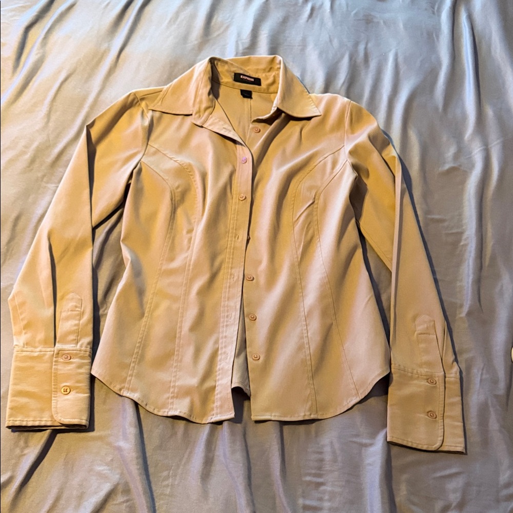 Express Women's Light Beige Button-Front Stretch Shirt